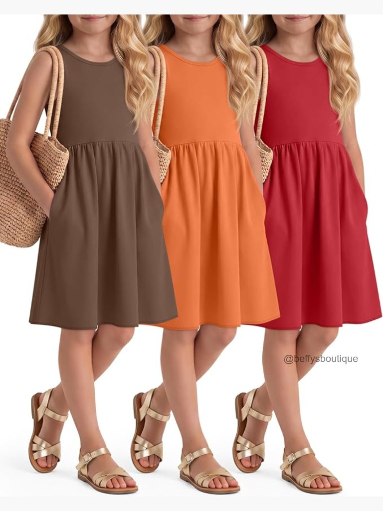 3-Pack Girls Sleeveless Summer Dresses With Pockets Crewneck Tank Sundress